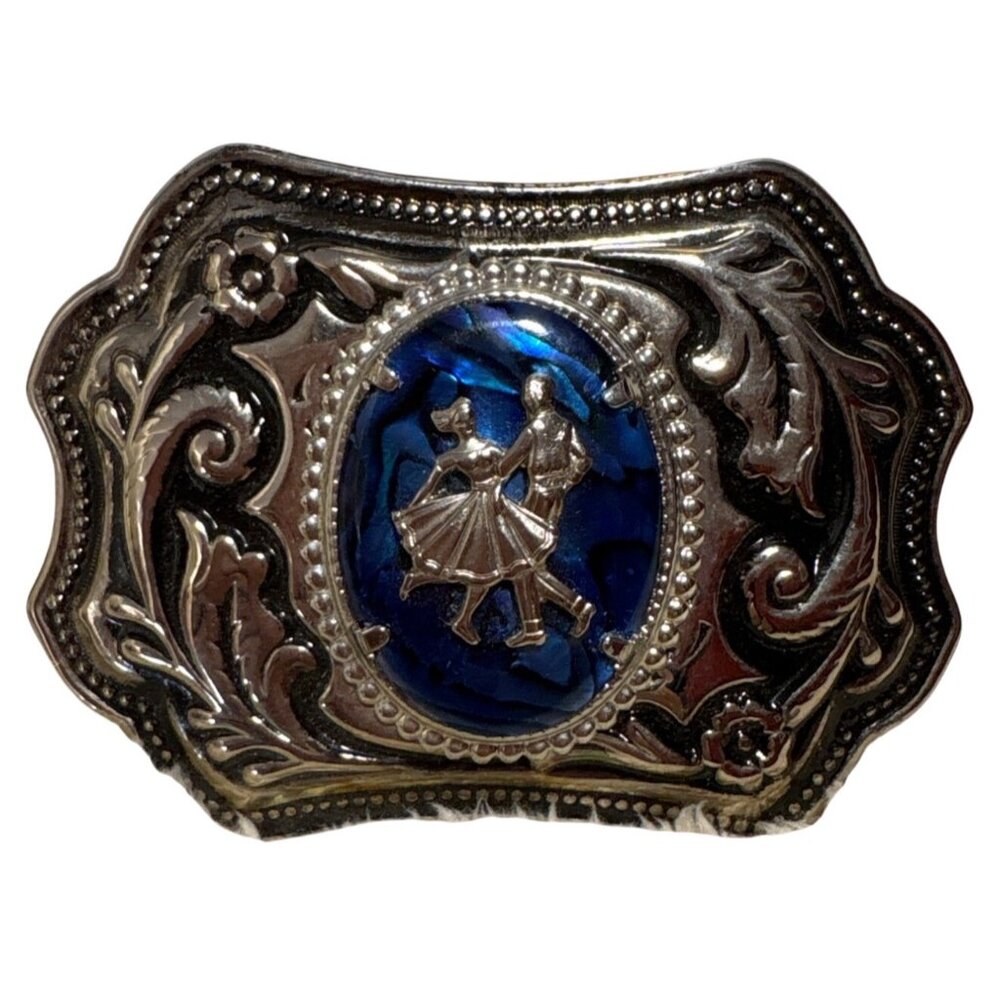 Vintage Silver Western Belt Buckle With Blue Abalone Square Dancing Country
